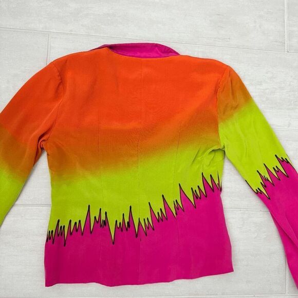 Jendo 100% Silk Blazer Neon Unique Party Zig Zag 80s Multicolor Bell Sleeves S - Picture 6 of 10